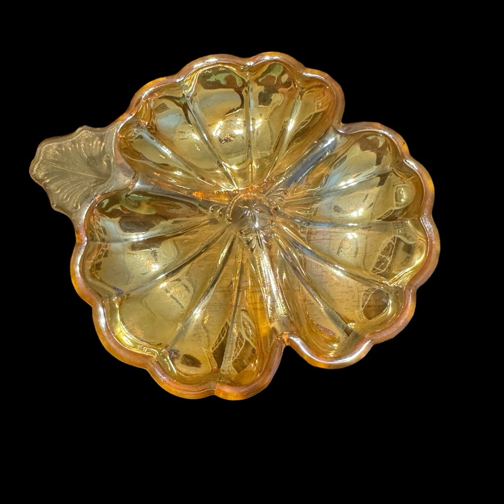 Jeanette Doric Marigold Lustre Depression Glass Clover Leaf Candy Dish